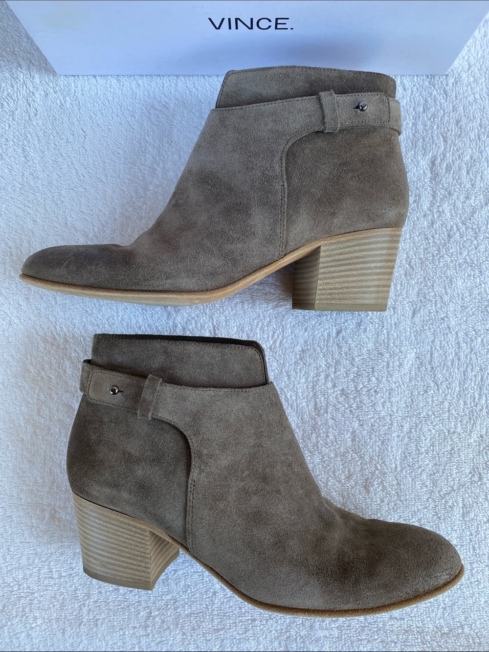 Vince “Harriet” Limestone Suede Ankle Booties — Taupe Gray